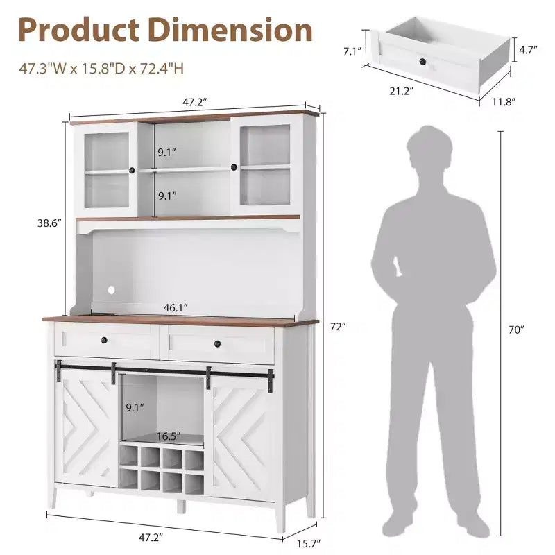 Mobile Bar Rustico – Noce/Bianco, Anta Scorrevole Stile Fienile, 183 cm