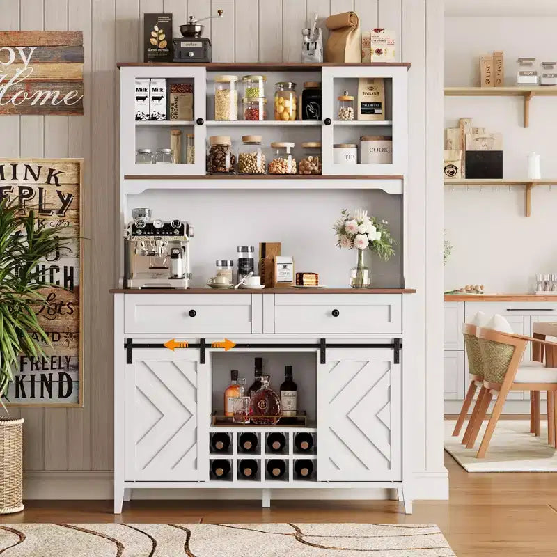 Mobile Bar Rustico – Noce/Bianco, Anta Scorrevole Stile Fienile, 183 cm