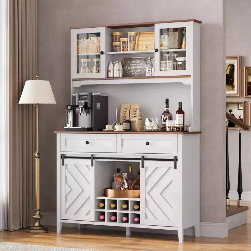 Mobile Bar Rustico – Noce/Bianco, Anta Scorrevole Stile Fienile, 183 cm