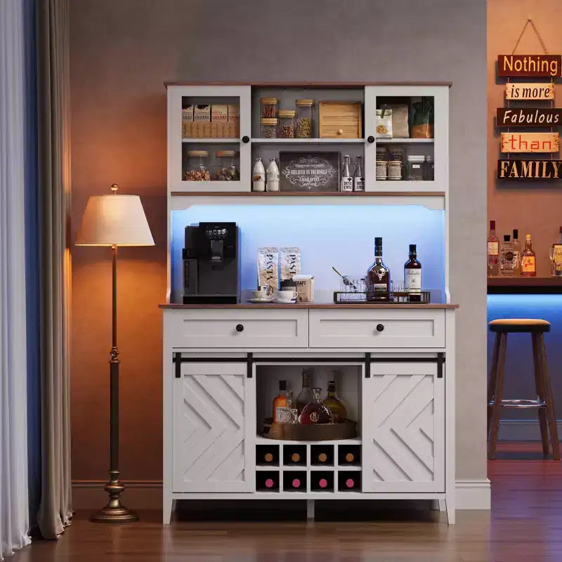 Mobile Bar Rustico – Noce/Bianco, Anta Scorrevole Stile Fienile, 183 cm