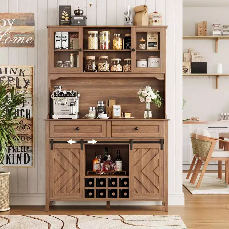 Mobile Bar Rustico – Noce/Bianco, Anta Scorrevole Stile Fienile, 183 cm