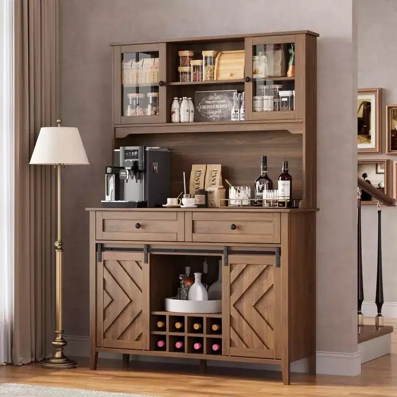 Mobile Bar Rustico – Noce/Bianco, Anta Scorrevole Stile Fienile, 183 cm