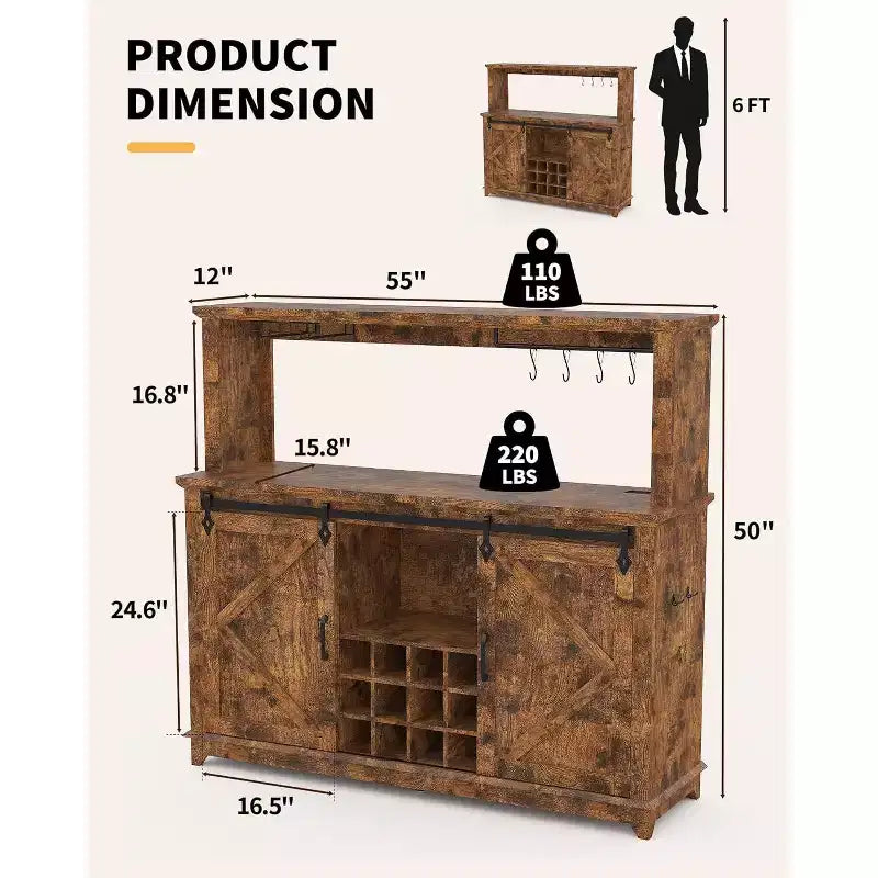 Mobile bar da 55" con porta scorrevole a grana di legno in nero / marrone / bianco