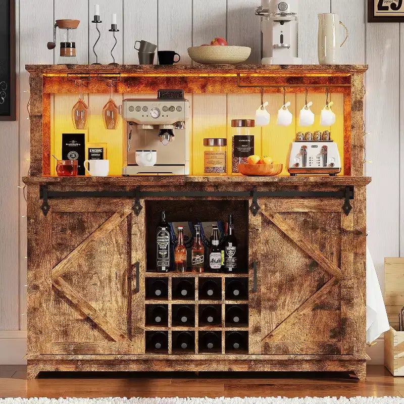 Mobile bar da 55" con porta scorrevole a grana di legno in nero / marrone / bianco