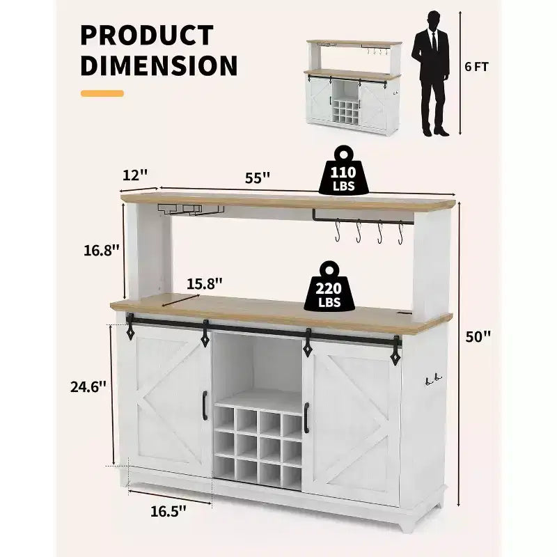Mobile bar da 55" con porta scorrevole a grana di legno in nero / marrone / bianco