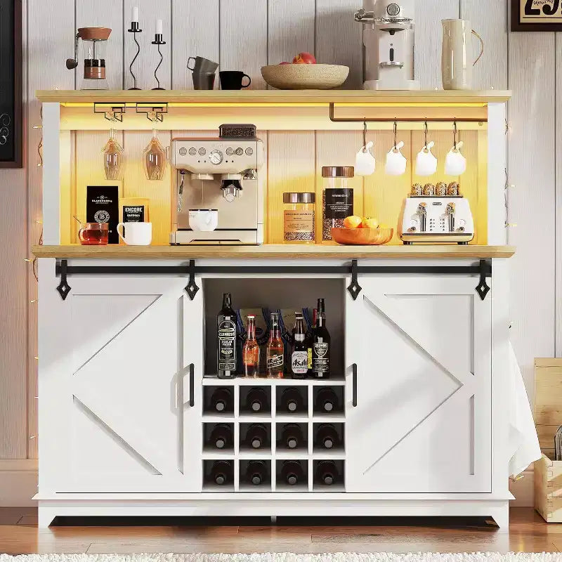 Mobile bar da 55" con porta scorrevole a grana di legno in nero / marrone / bianco