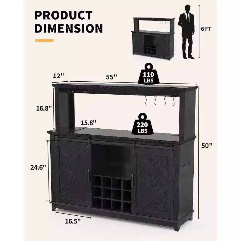 Mobile bar da 55" con porta scorrevole a grana di legno in nero / marrone / bianco