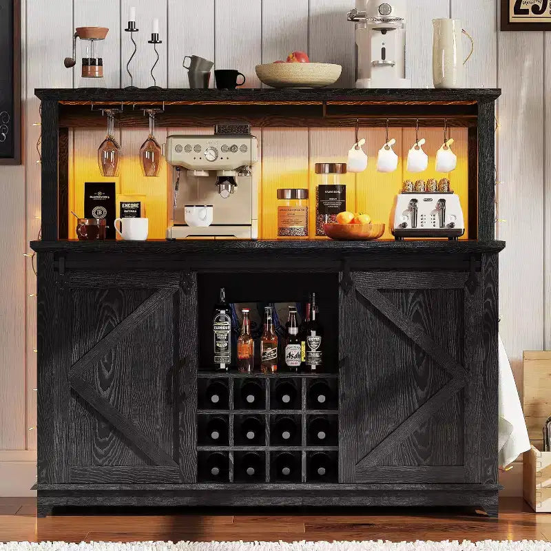 Mobile bar da 55" con porta scorrevole a grana di legno in nero / marrone / bianco