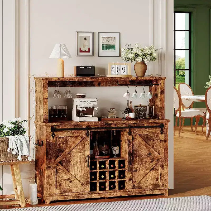 Mobile bar da 55" con porta scorrevole a grana di legno in nero / marrone / bianco