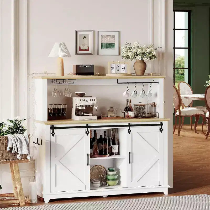 Mobile bar da 55" con porta scorrevole a grana di legno in nero / marrone / bianco