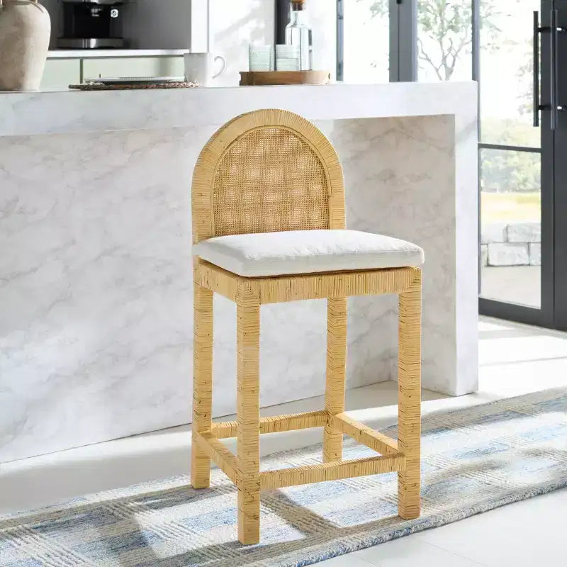Sgabello da bancone senza braccioli, a schienale medio, naturale e bianco con poggiapiedi, 1 posto