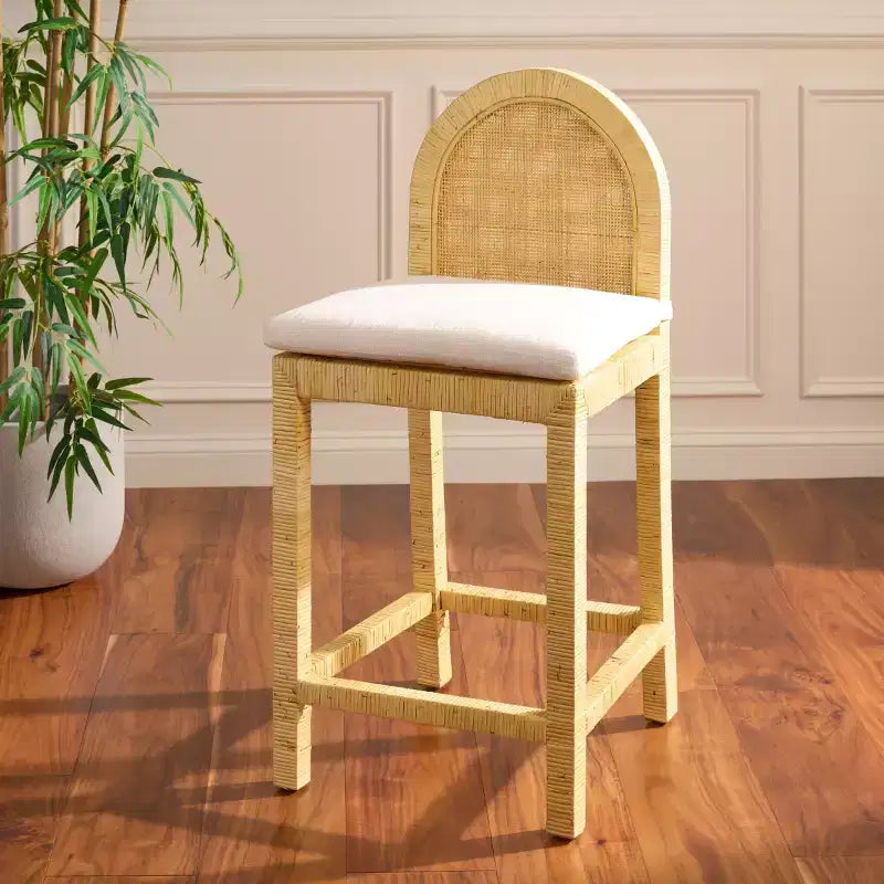 Sgabello da bancone senza braccioli, a schienale medio, naturale e bianco con poggiapiedi, 1 posto