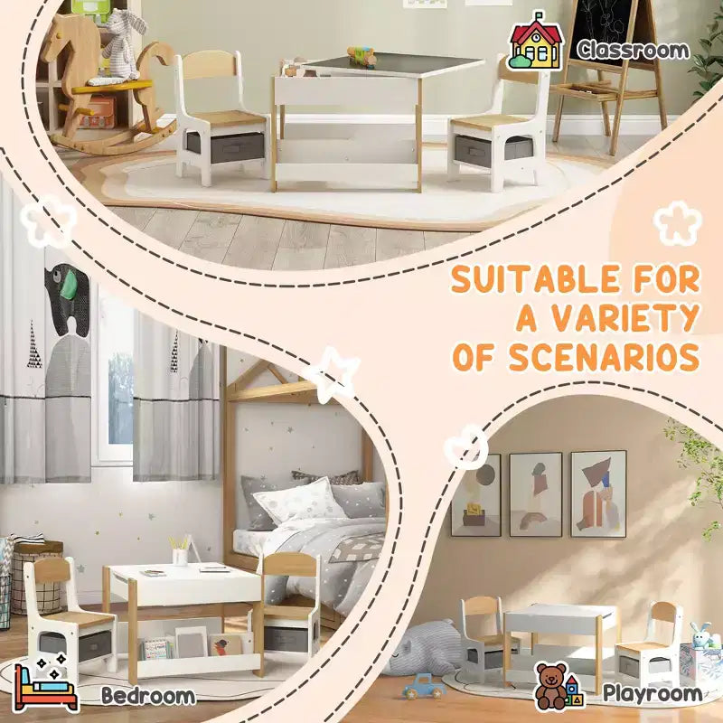 Set da Tavolo e Sedie 2-in-1 per Bambini in Legno Naturale con Lavagna e Contenitore, 3 Pezzi per Età 3+