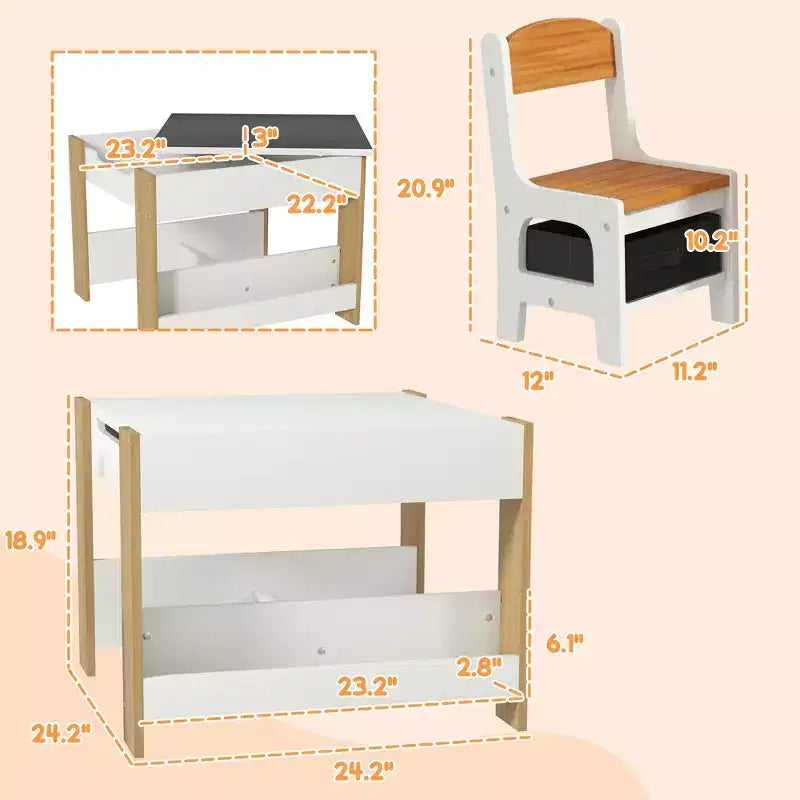 Set da Tavolo e Sedie 2-in-1 per Bambini in Legno Naturale con Lavagna e Contenitore, 3 Pezzi per Età 3+