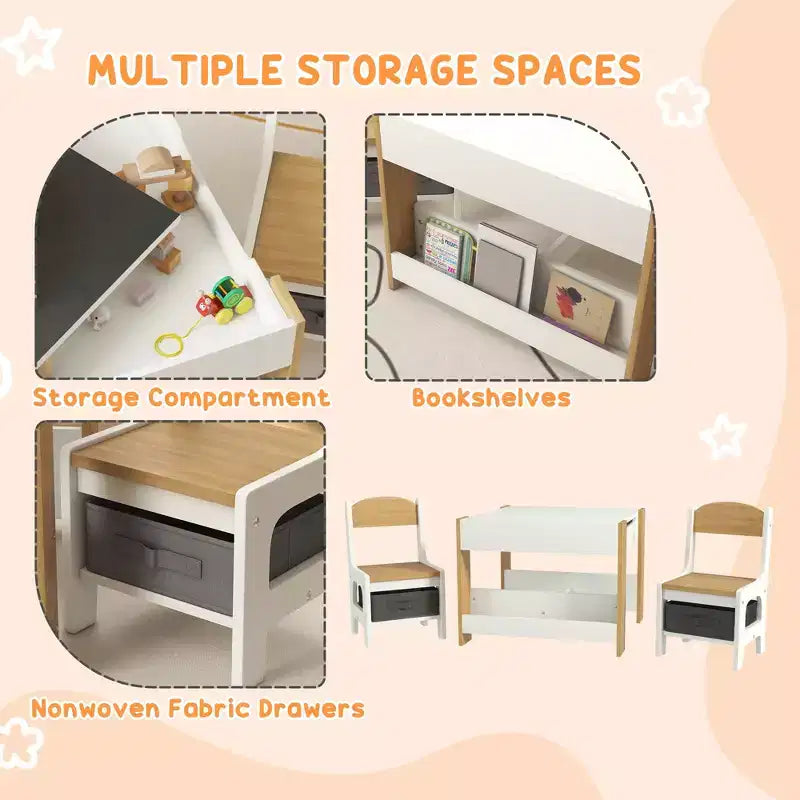 Set da Tavolo e Sedie 2-in-1 per Bambini in Legno Naturale con Lavagna e Contenitore, 3 Pezzi per Età 3+