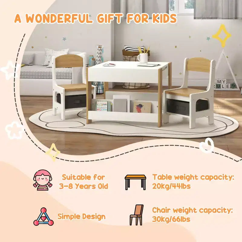 Set da Tavolo e Sedie 2-in-1 per Bambini in Legno Naturale con Lavagna e Contenitore, 3 Pezzi per Età 3+