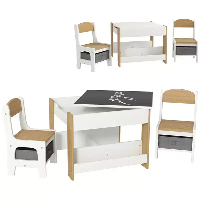 Set da Tavolo e Sedie 2-in-1 per Bambini in Legno Naturale con Lavagna e Contenitore, 3 Pezzi per Età 3+