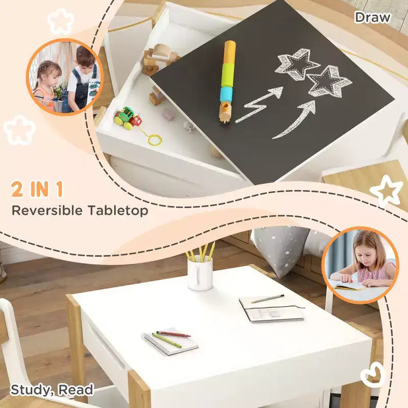 Set da Tavolo e Sedie 2-in-1 per Bambini in Legno Naturale con Lavagna e Contenitore, 3 Pezzi per Età 3+