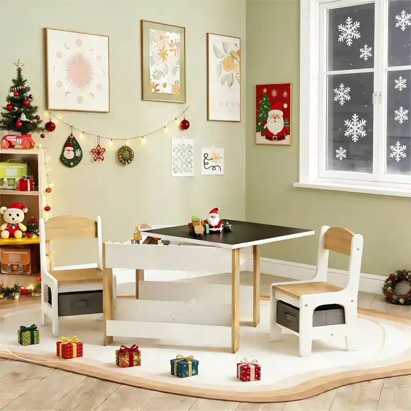 Set da Tavolo e Sedie 2-in-1 per Bambini in Legno Naturale con Lavagna e Contenitore, 3 Pezzi per Età 3+