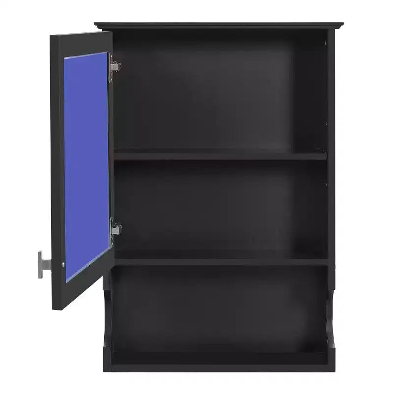 Pensile da bagno con specchio e contenitore, bicolore bianco/nero, 1 anta e 3 ripiani