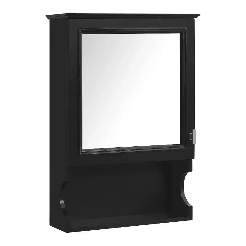 Pensile da bagno con specchio e contenitore, bicolore bianco/nero, 1 anta e 3 ripiani