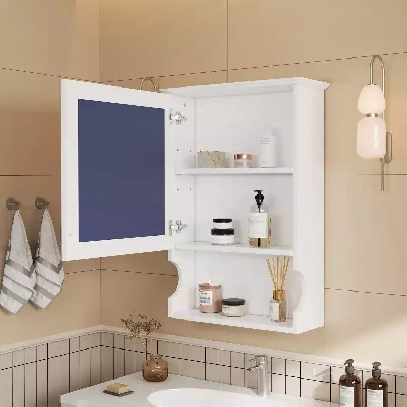 Pensile da bagno con specchio e contenitore, bicolore bianco/nero, 1 anta e 3 ripiani