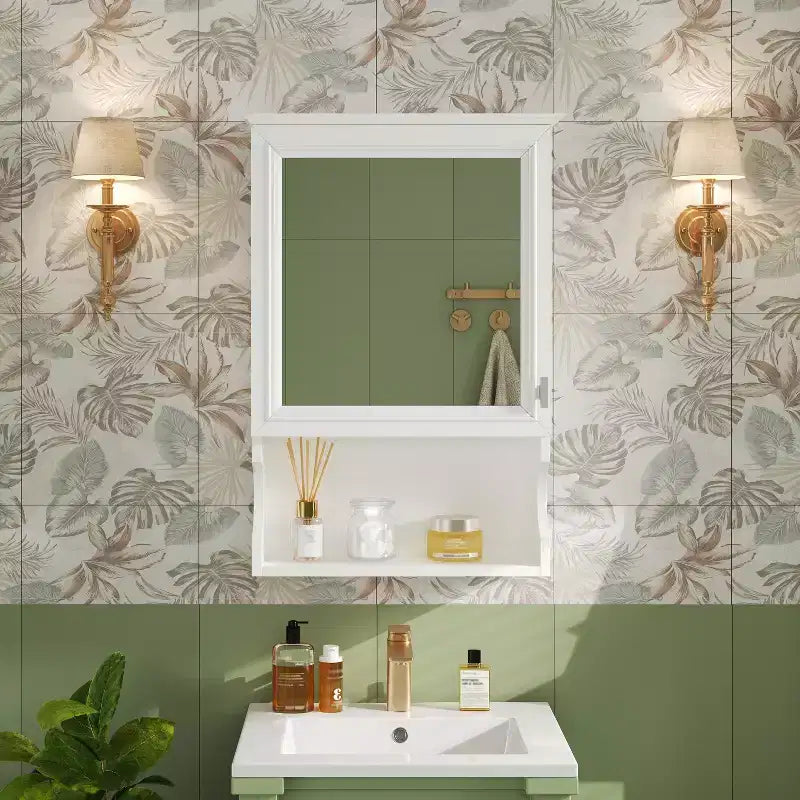 Pensile da bagno con specchio e contenitore, bicolore bianco/nero, 1 anta e 3 ripiani