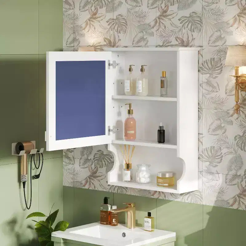 Pensile da bagno con specchio e contenitore, bicolore bianco/nero, 1 anta e 3 ripiani
