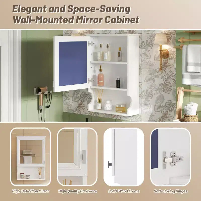 Pensile da bagno con specchio e contenitore, bicolore bianco/nero, 1 anta e 3 ripiani