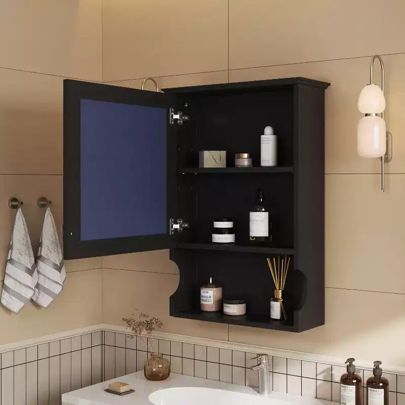 Pensile da bagno con specchio e contenitore, bicolore bianco/nero, 1 anta e 3 ripiani