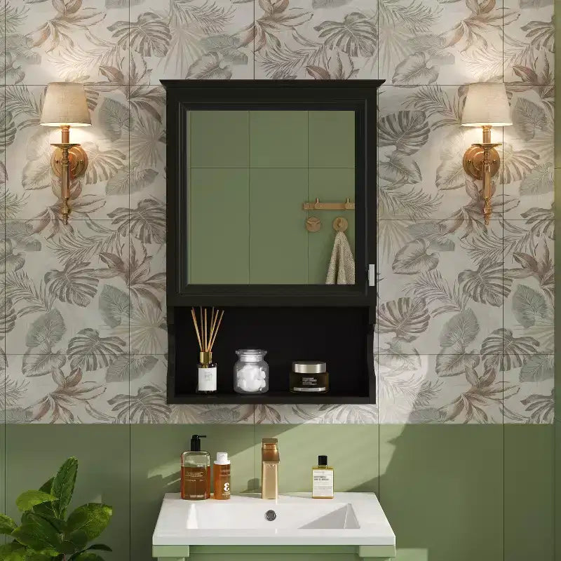 Pensile da bagno con specchio e contenitore, bicolore bianco/nero, 1 anta e 3 ripiani