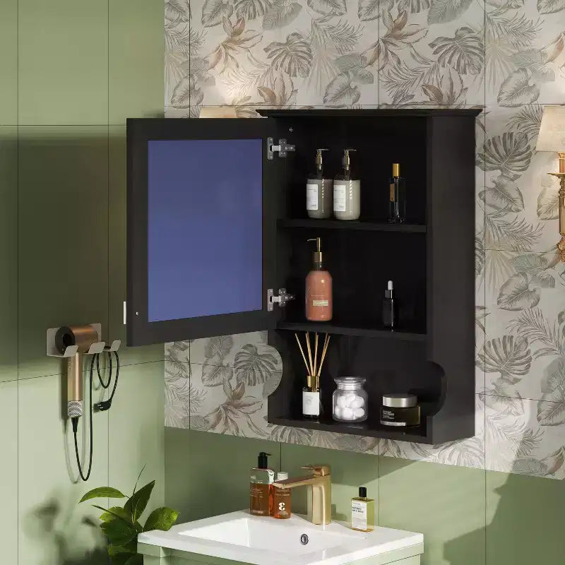 Pensile da bagno con specchio e contenitore, bicolore bianco/nero, 1 anta e 3 ripiani