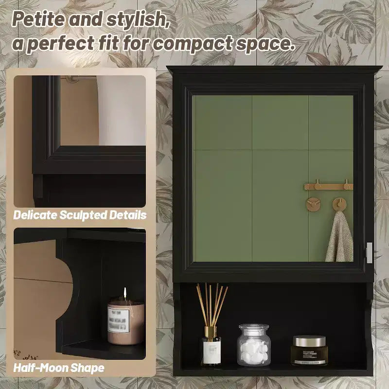 Pensile da bagno con specchio e contenitore, bicolore bianco/nero, 1 anta e 3 ripiani