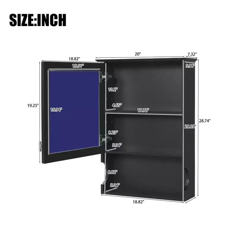 Pensile da bagno con specchio e contenitore, bicolore bianco/nero, 1 anta e 3 ripiani