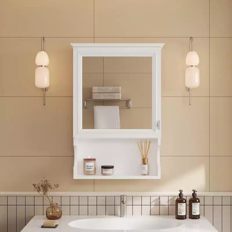 Pensile da bagno con specchio e contenitore, bicolore bianco/nero, 1 anta e 3 ripiani