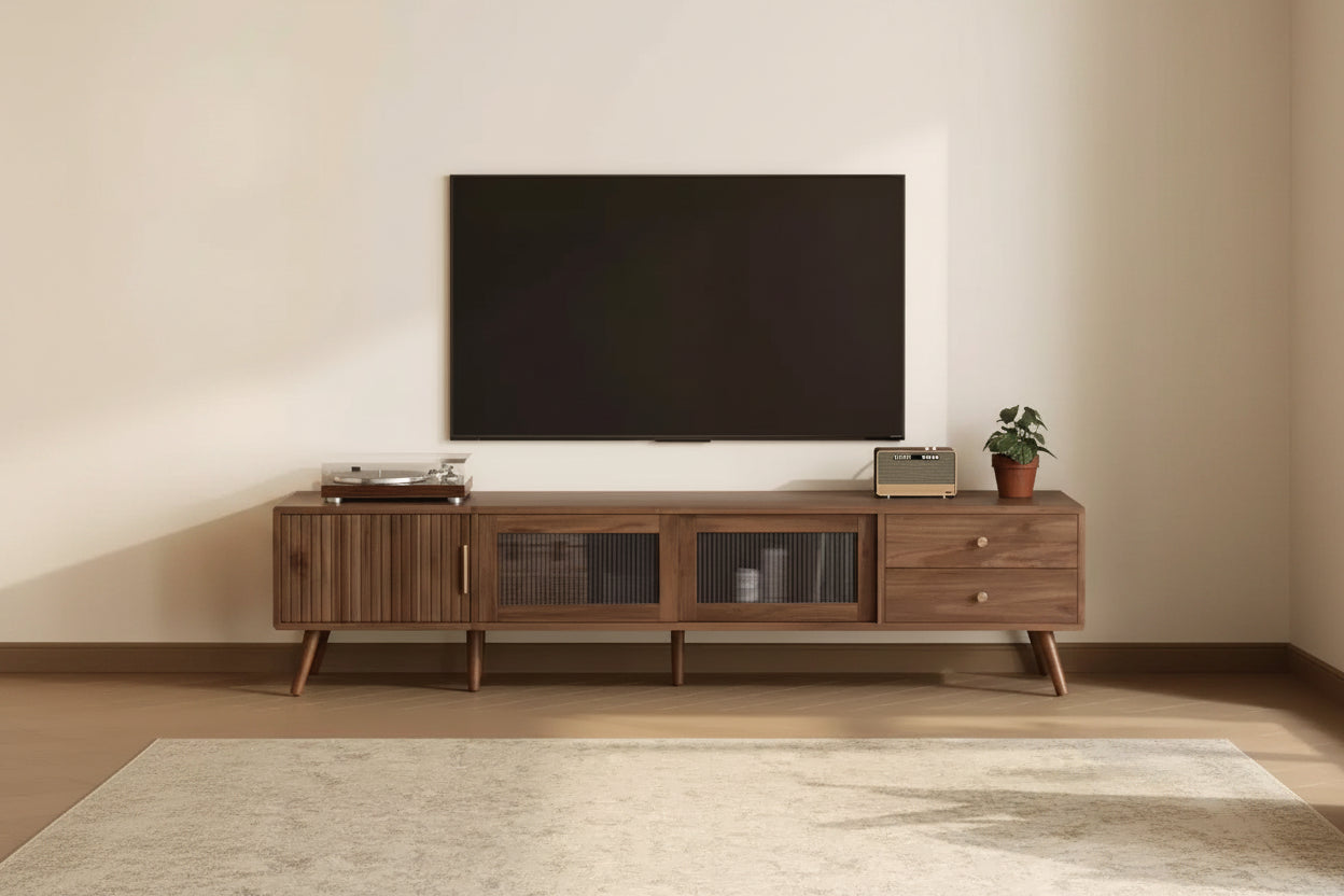 PexFix 76 Modern Minimal Glass-Doors TV Stand Wood-Grain Entertainment Center with Storage Cabinets TV Media Console Table for Living Room/Bedroom