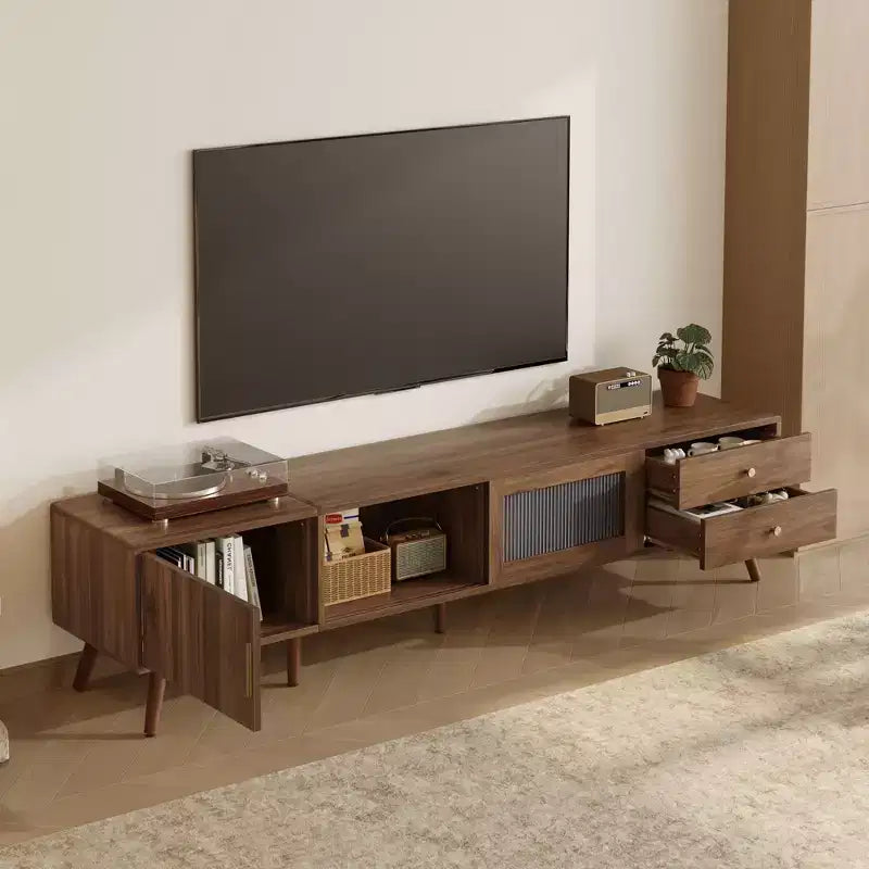 Mobile TV effetto legno con ante in vetro e ripiani, adatto per TV fino a 77", montaggio per 1 persona