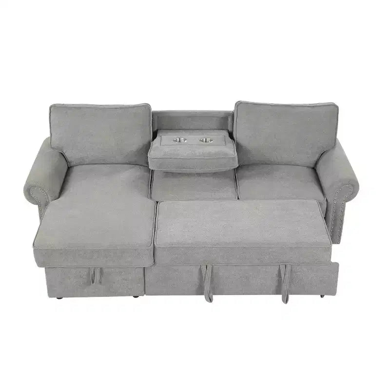 Divano Sezionale Angolare Beige/Grigio con Chaise Longue Contenitore, Letto Estraibile, 3 Posti