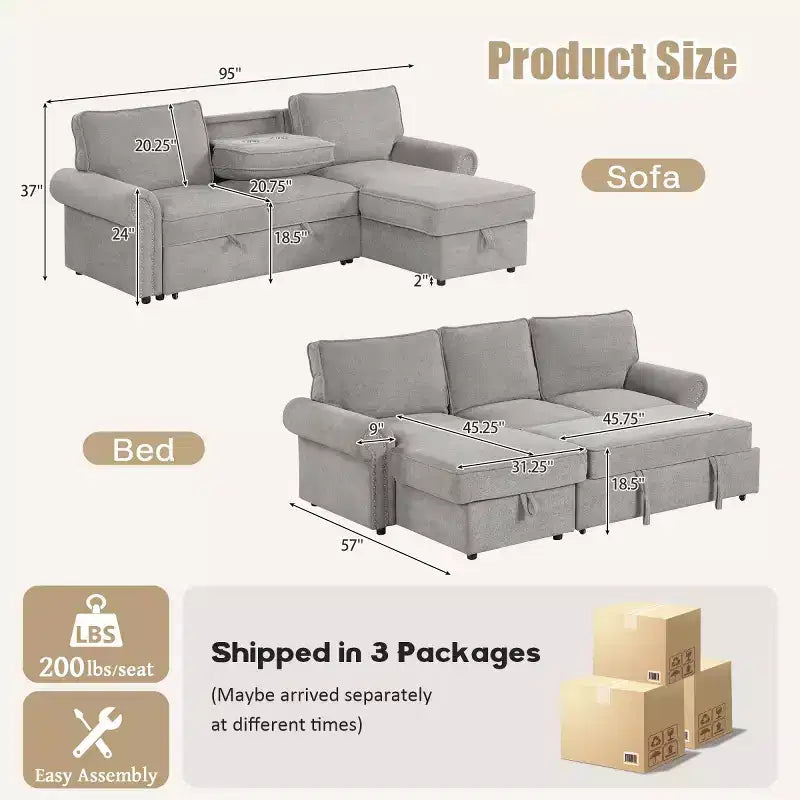 Divano Sezionale Angolare Beige/Grigio con Chaise Longue Contenitore, Letto Estraibile, 3 Posti