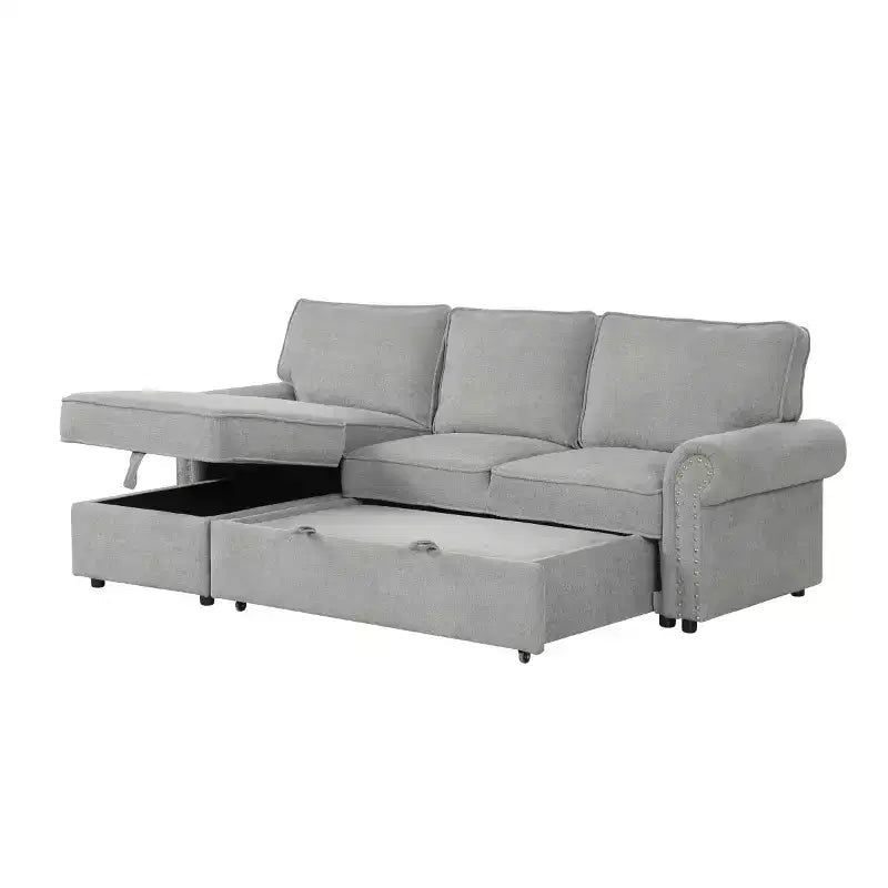Divano Sezionale Angolare Beige/Grigio con Chaise Longue Contenitore, Letto Estraibile, 3 Posti