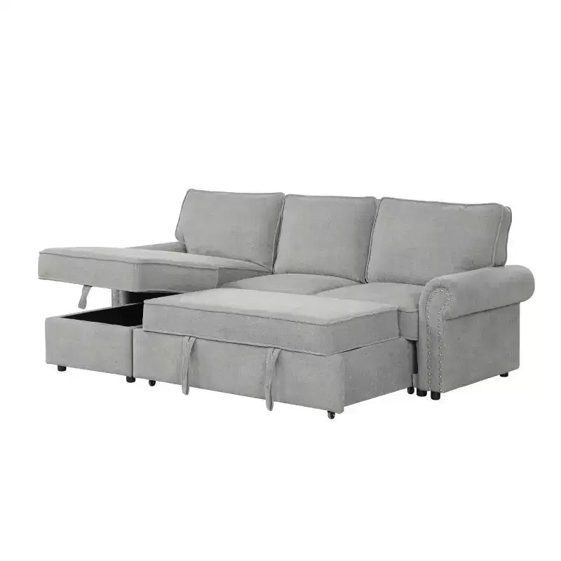 Divano Sezionale Angolare Beige/Grigio con Chaise Longue Contenitore, Letto Estraibile, 3 Posti