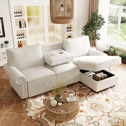Divano Sezionale Angolare Beige/Grigio con Chaise Longue Contenitore, Letto Estraibile, 3 Posti