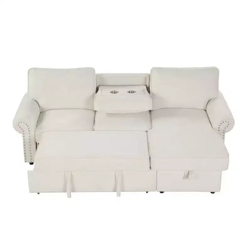 Divano Sezionale Angolare Beige/Grigio con Chaise Longue Contenitore, Letto Estraibile, 3 Posti