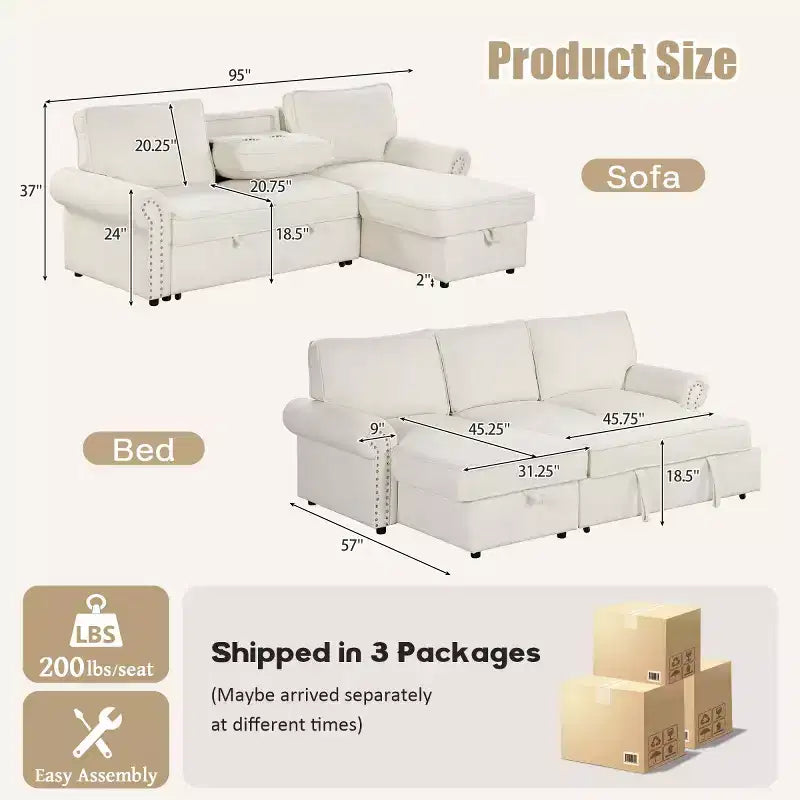 Divano Sezionale Angolare Beige/Grigio con Chaise Longue Contenitore, Letto Estraibile, 3 Posti