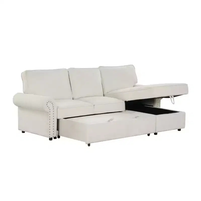 Divano Sezionale Angolare Beige/Grigio con Chaise Longue Contenitore, Letto Estraibile, 3 Posti