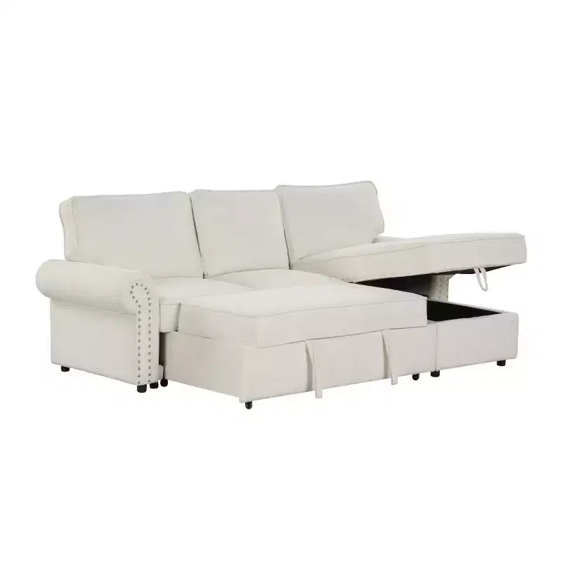 Divano Sezionale Angolare Beige/Grigio con Chaise Longue Contenitore, Letto Estraibile, 3 Posti