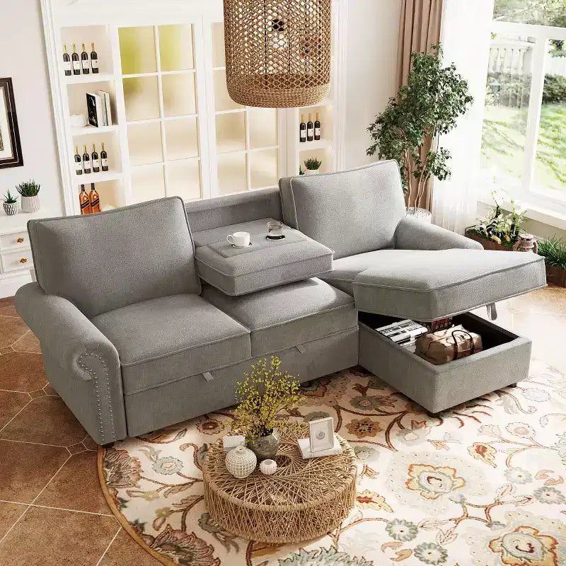 Divano Sezionale Angolare Beige/Grigio con Chaise Longue Contenitore, Letto Estraibile, 3 Posti