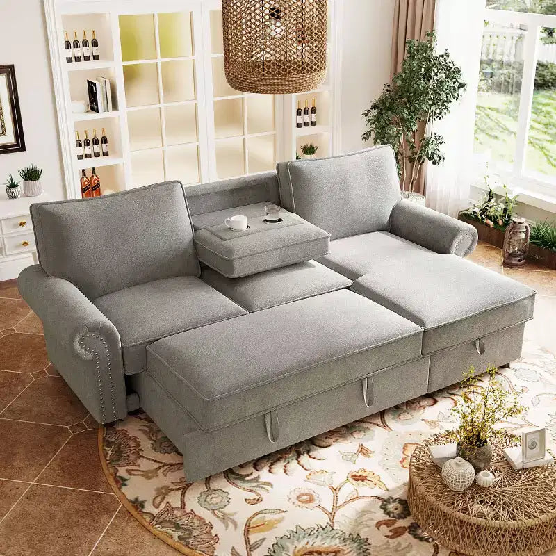 Divano Sezionale Angolare Beige/Grigio con Chaise Longue Contenitore, Letto Estraibile, 3 Posti