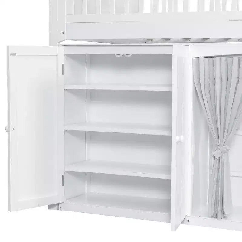 Letto a soppalco singolo bianco/legno con armadio contenitore e guardaroba