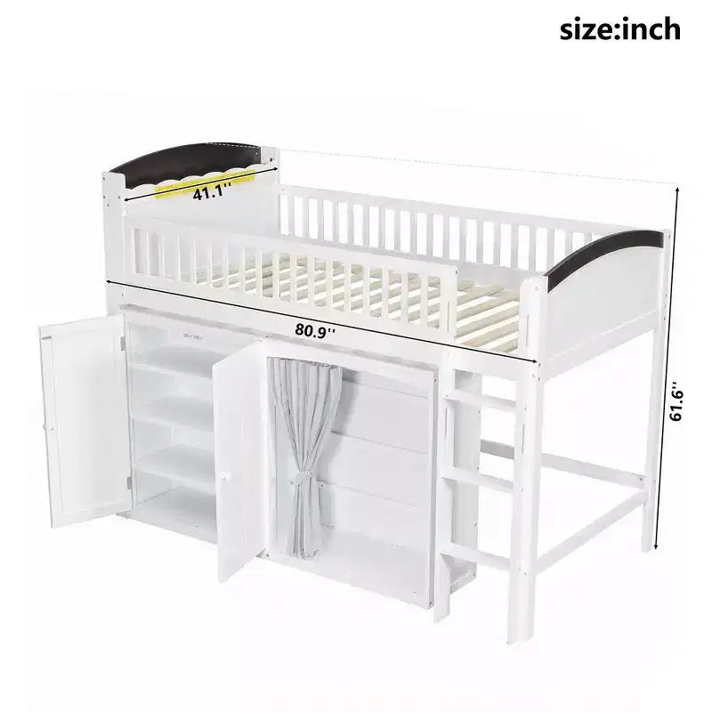 Letto a soppalco singolo bianco/legno con armadio contenitore e guardaroba